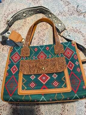 Le Miel Vegan Leather Tooled Southwest Canvas Crossbody Satchel Bag